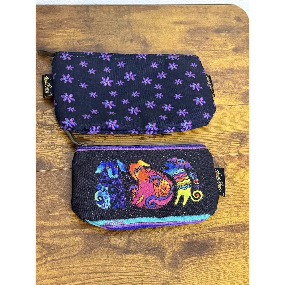 Laurel Burch Colorful‎ 3 Dog Stars Canvas Zip Up Pouches Set Of 2 Cosmetic Bags